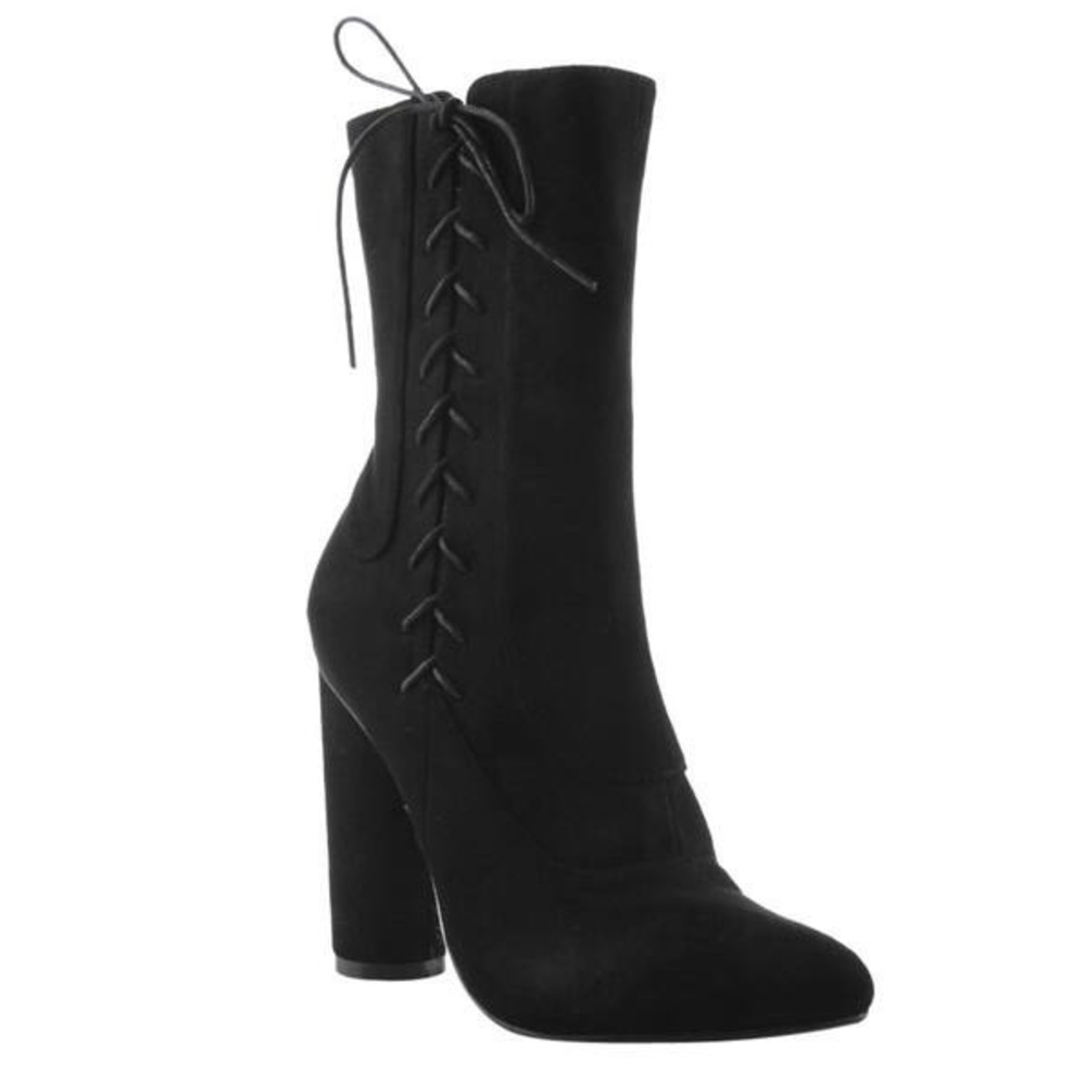 Faux Suede Side Lace Up Block Heel Mid Calf Boots